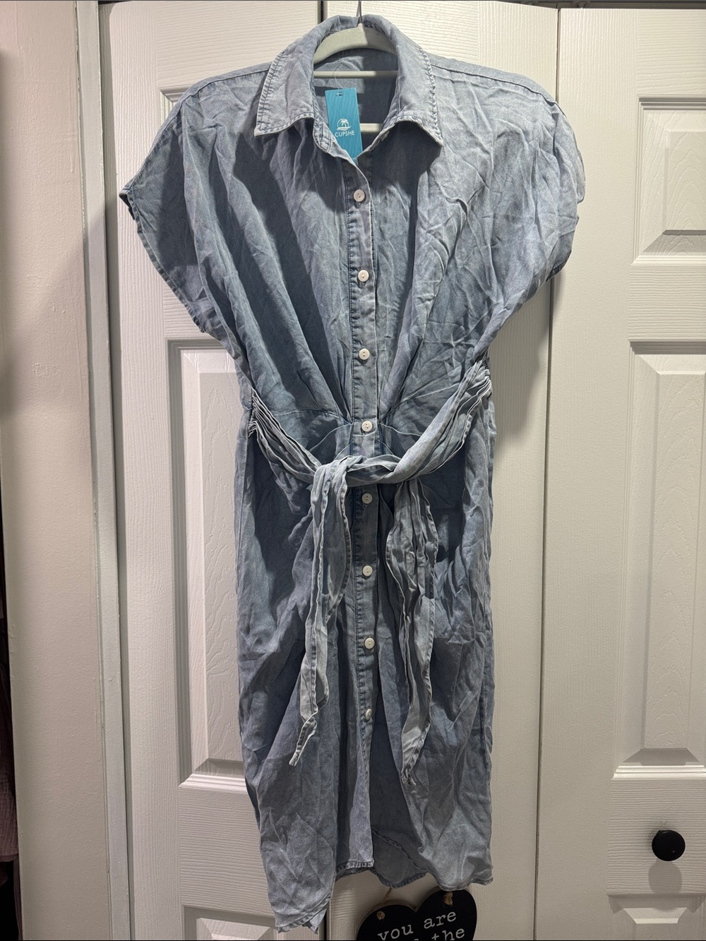 Button-Front Lightweight Denim Shirt Dress with Tie Waist - Light Blue